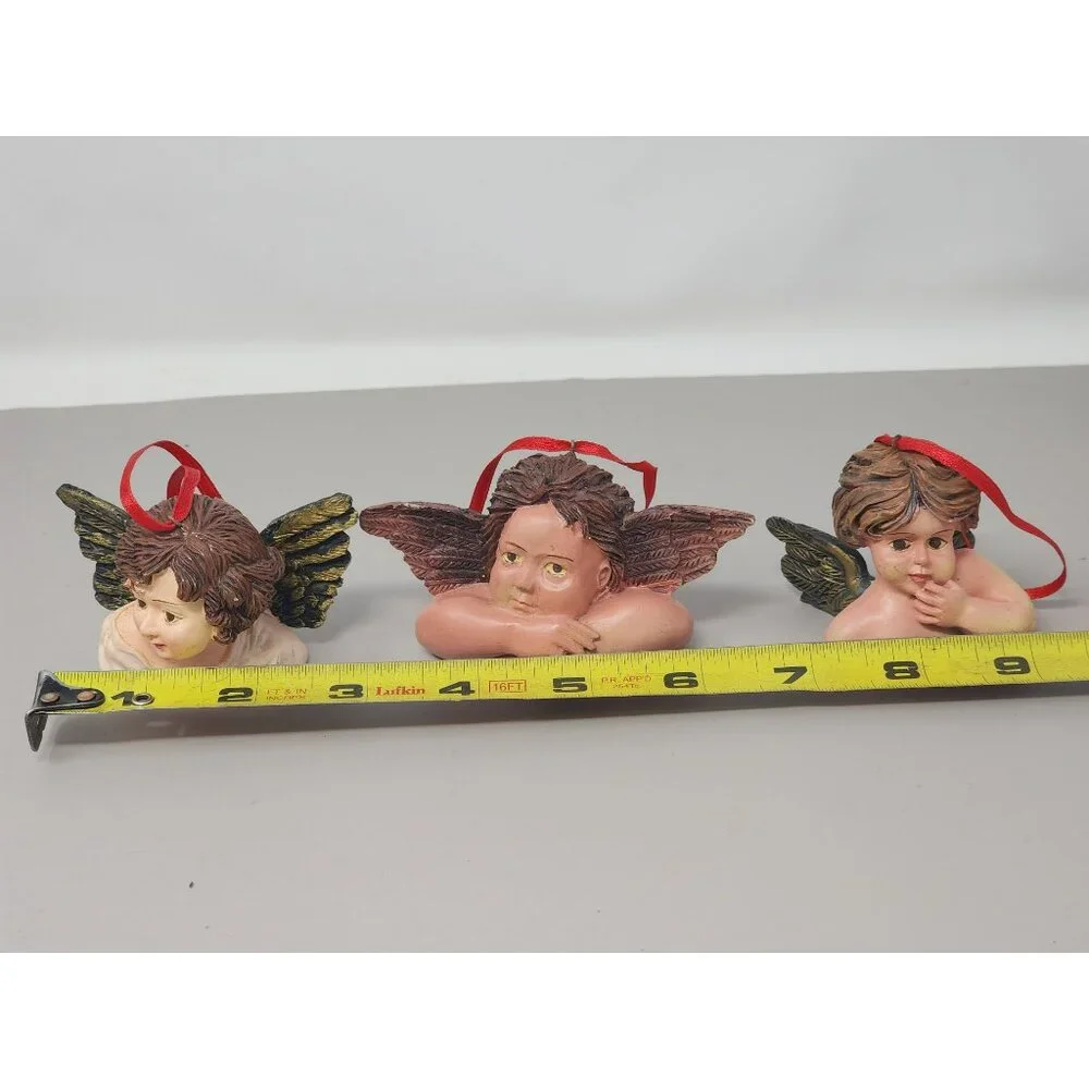 Set Of 3‎ Resin Angel Cherub Ornaments With Green Wings & Red Ribbon Hangers